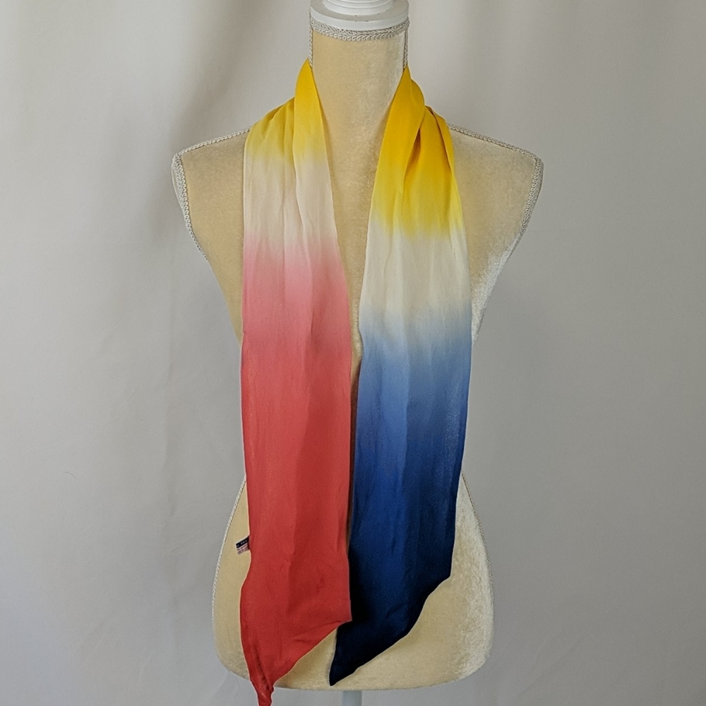 Vintage Made In Japan 100% Rayon Scarf Primary Colors: Blue Red Yellow, Gradient - Picture 2 of 4